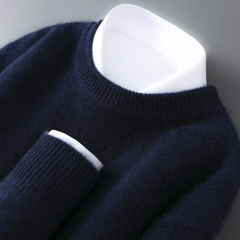 Men's Pure Wool Heavyweight Sweater, Round Neck, Loose Fit, Warm, Solid Color, Ideal Base Layer for Autumn/Winter.