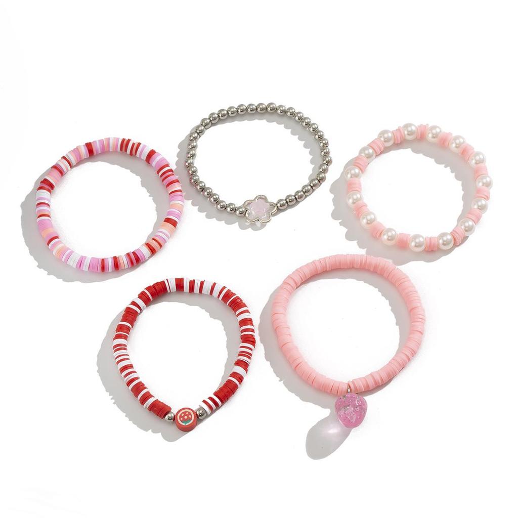 European & American Sweet Style Acrylic Beaded Bracelet Set with Cute Strawberry and Soft Clay Accents
