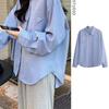Women's Blue Striped Long Sleeve Shirt - 2025 Korean Style, Loose Fit, Light Luxury, Versatile for Spring & Autumn
