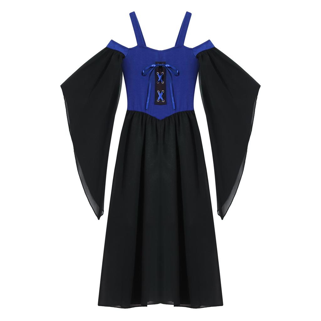 Kids Girls Renaissance Costume Halloween Cosplay Vintage Dress Up Cold Shoulder Lace Up Front Dresses
