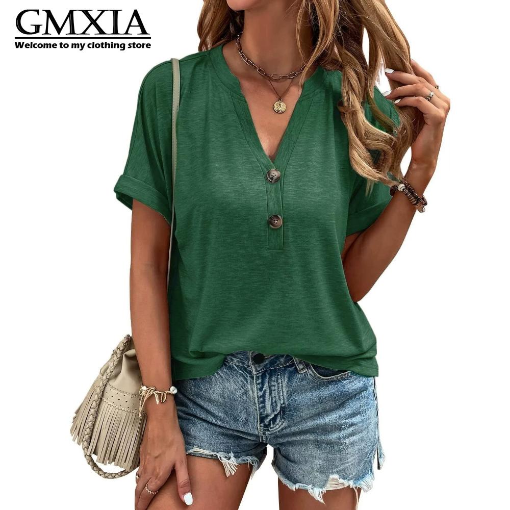 GMXIA Women's Fashion Casual Solid Color Print Short Sleeve V Neck Leisure Blouses & Shirts