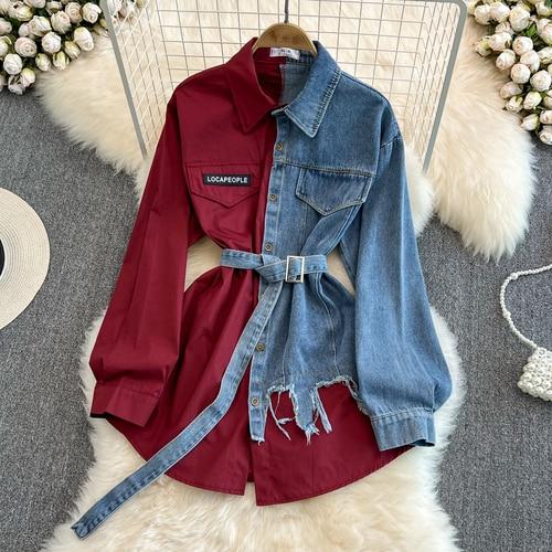 Джинсовые блузки с лацканами и длинным рукавом с тонкой талией Рубашка контрастного цвета Повседневный топ средней длины