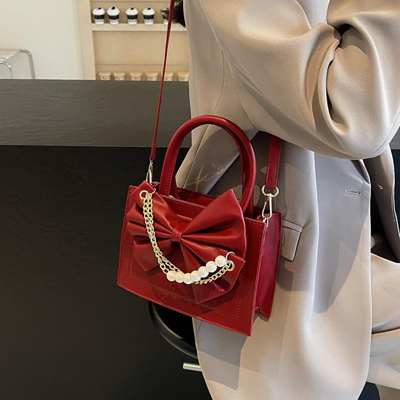 Дизайнерская сумка-тоут Sense Bow Chain Tote для женщин, новая модная жемчужная свадебная сумка, популярная винно-красная сумка через плечо, повседневная маленькая квадратная сумка