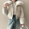 Womens Short Puffer Coat With Faux Fur Collar Slim Waist Pockets Warm Winter Jacket