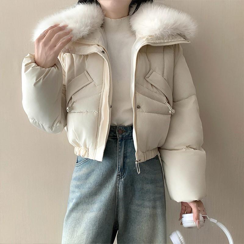Womens Short Puffer Coat With Faux Fur Collar Slim Waist Pockets Warm Winter Jacket