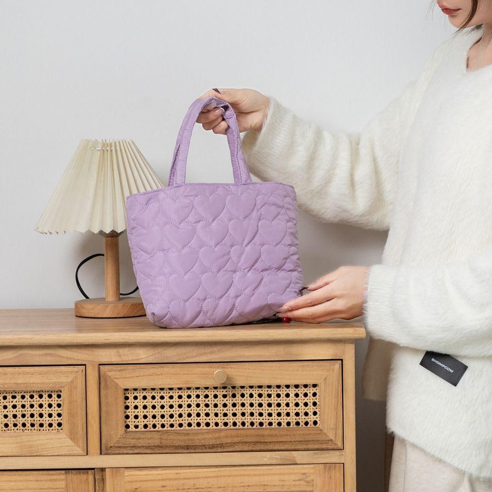 Solid Color Quilted Love Handbag Korean Lovely Lunch Bag Japanese Puffer Tote Bag  Travel