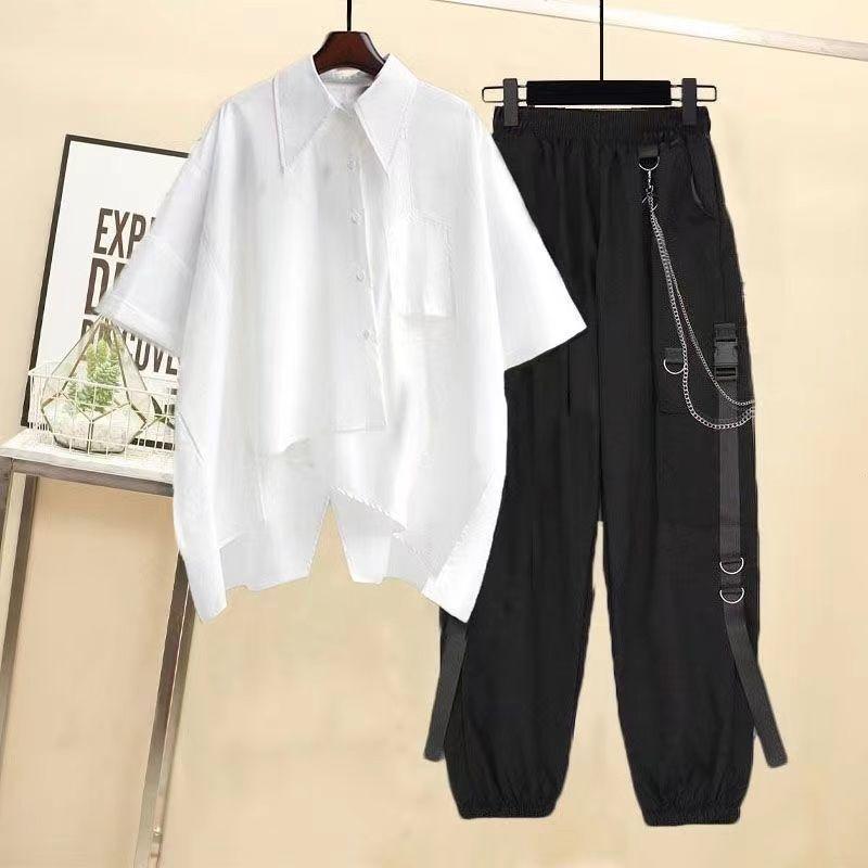 Летние женские свободные уличные комплекты из 2 предметов, свободная рубашка с длинным рукавом, ленточные цепочные брюки-карго, комплект из 2 предметов, повседневный унисекс, парный костюм