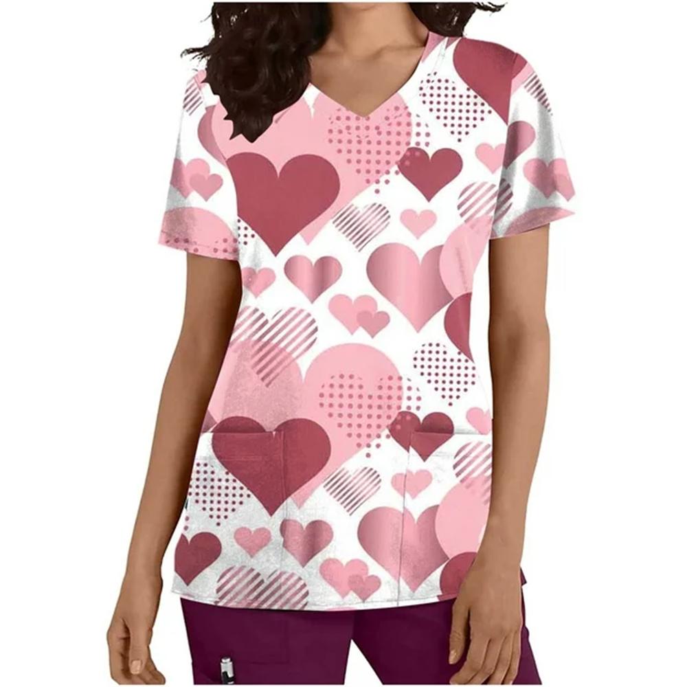 Летний топ с V-образным вырезом, женская рабочая униформа с принтом, рубашка с коротким рукавом, V-образный вырез, блузка, платье для медсестры, туника, униформа