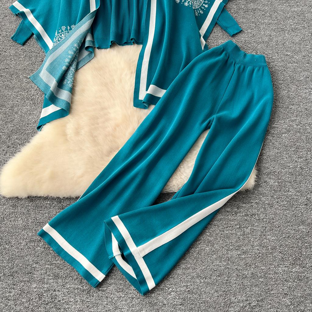 Женские шикарные трикотажные комплекты из двух предметов с рукавами-лодочками, в стиле пэчворк, с круглым вырезом, с разрезом, с высокой посадкой, широкие брюки, модные летние комплекты