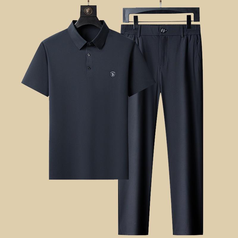Men's Summer Elastic Ice Silk Polo Shirt Set - Breathable Short Sleeve for Middle-Aged and Elderly