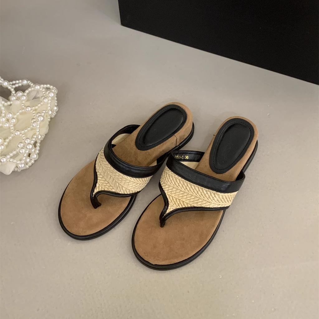 French holiday style casual versatile thick-soled slippers women's beautiful straw woven soft bottom slope heel flip-flop toe cool slippers