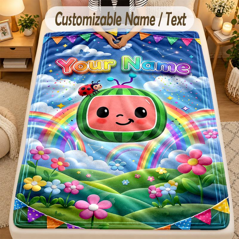 Flannel BlanketCocomelon Custom Name Text Personalized Soft Warm Throw Blanket Home Decor Gift