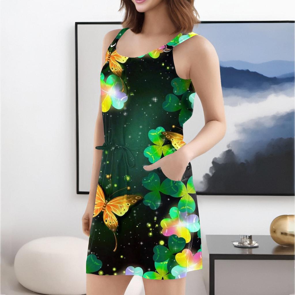 Women's Fashion Casual Printed Sleeveless Drawstring Dress With Pockets