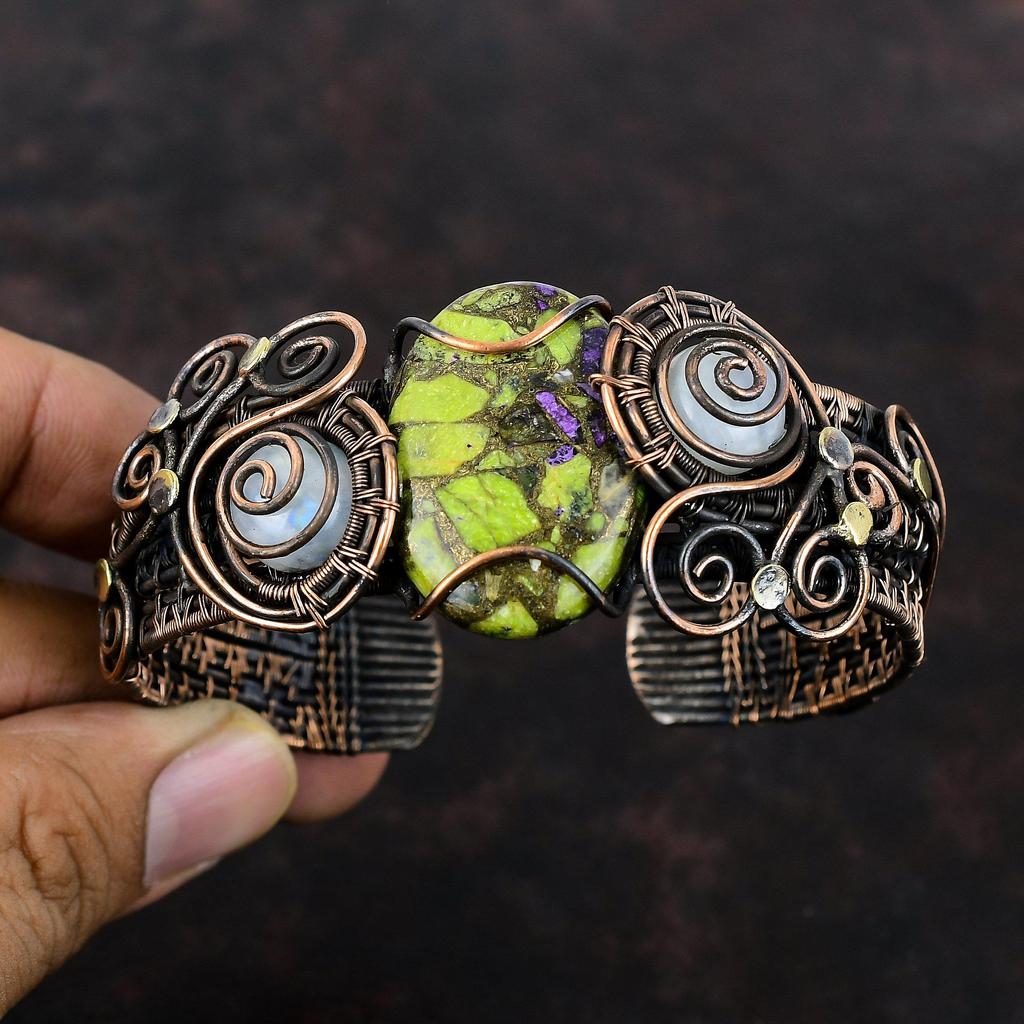 Медный браслет-манжета из стихтита, браслет-манжета с радужным лунным камнем, медная проволока, браслет-манжета с драгоценным камнем, регулируемый браслет, медные украшения ручной работы