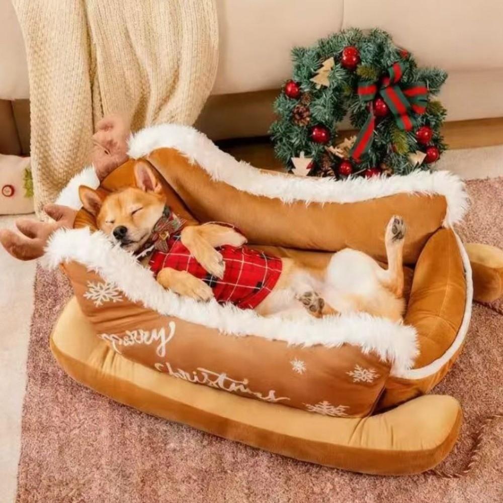 Bite Resistant Christmas Sleigh Pet Bed Reindeer Shape Xmas Sleigh Cat Nest Living Room