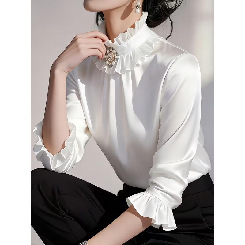 Women ruffled stand collar satin three quarter sleeve shirt multi color slim fit rhinestone pearl brooch office elegant blouse