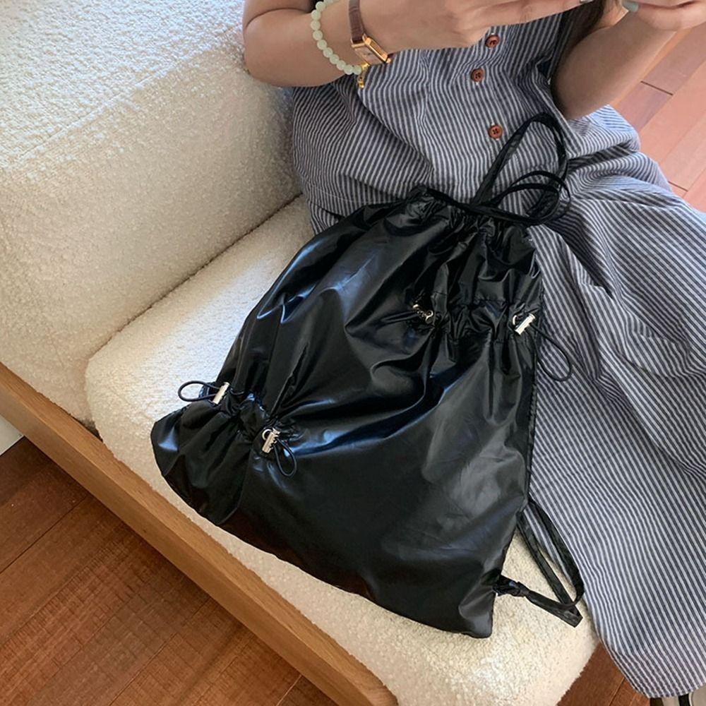 Korean Style Nylon Ruched Backpack Fold Silver Shoulder Bag Fashionable Drawstring Backpack Travel