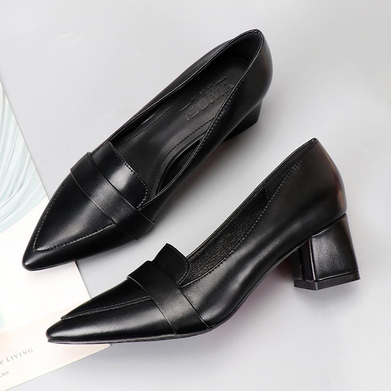 Черные кожаные туфли на среднем каблуке с грубым каблуком, женские рабочие туфли, одинарные туфли