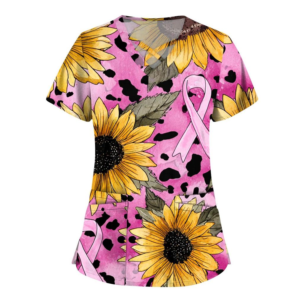 Women's Fashion V-Neck Short Sleeve Overalls Double Layer Pocket Printed Tops Apparel