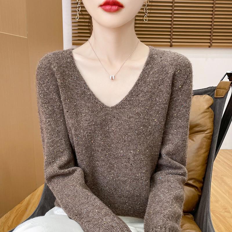 Женский свитер из 100% шерсти с V-образным вырезом, облегающего кроя - Пуловер крупной вязки для осени/зимы