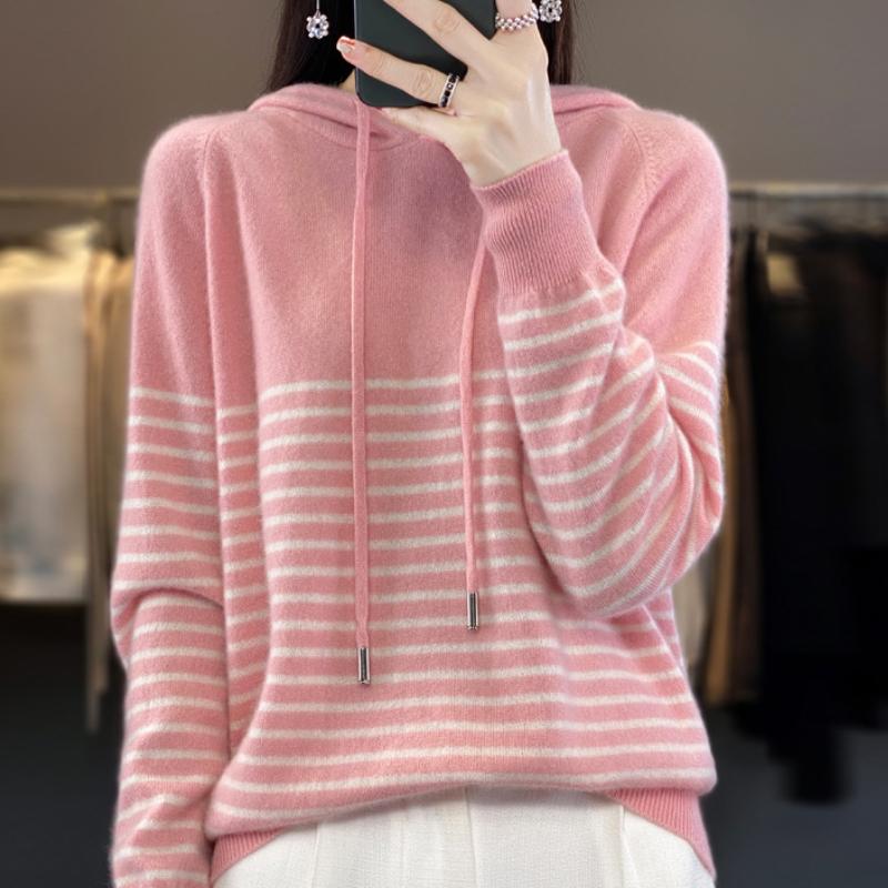 New Autumn and Winter Striped Wool Hoodie for Women Classic Versatile Cashmere Knitted Hoodie Sweatshirt Fashionable Warm Top