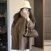 Womens Wool Blend Coat Short Length Korean Style Solid Color Round Neck Double Breasted Medium Thick Pockets Youth