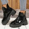 Модные ботильоны на массивной платформе для женщин, модные ботильоны на толстой подошве, нескользящие, в стиле милитари, женские, из черной лакированной кожи, панк, боты женские