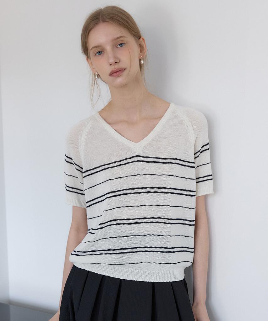OURHOPE Sheer Linen Striped V-Neck Knit - Cream