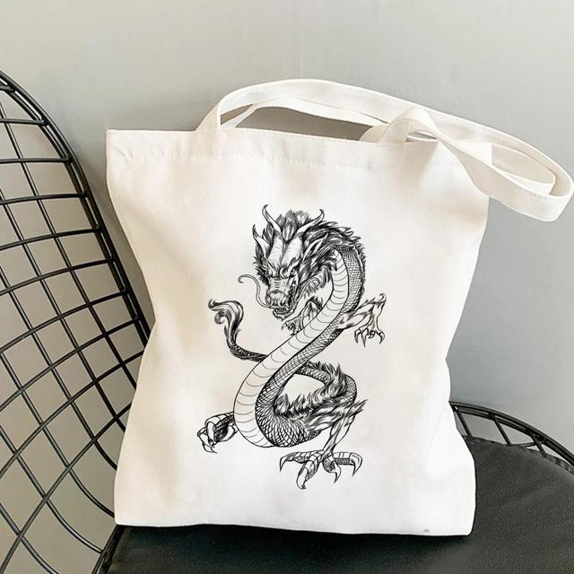 Холщовая сумка с принтом дракона, женская сумка-шоппер в стиле Харадзюку, большая вместительная сумка в стиле панк, готическом стиле, классическая винтажная женская сумка на плечо