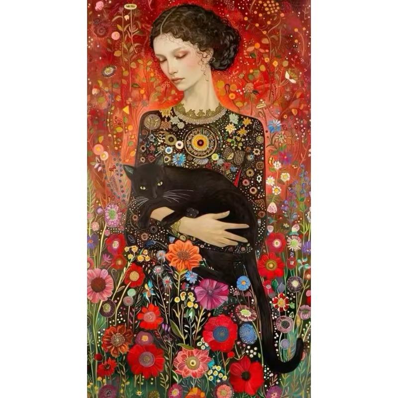 Абстрактная женщина и кошка, холст, настенное искусство, искусство Густава Климта, элегантная девушка, принты для офиса, гостиной, домашнего декора