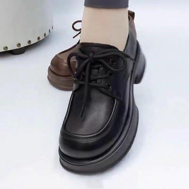 Women's Shoes New Platform Height-Increasing Leather Shoes Round Toe Lace-up Soft Bottom Loafers British Style Single-Layer Shoes