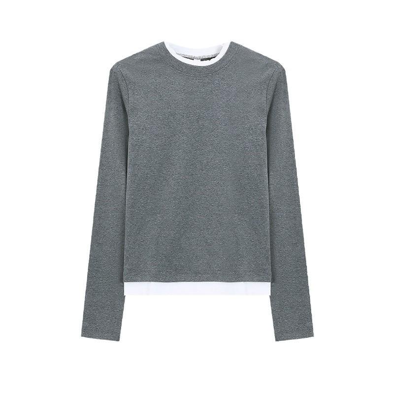 Женская футболка с длинным рукавом облегающего кроя, с эффектом двух предметов - Новинка ранней осени 2024 года, Универсальный пуловер с круглым вырезом.