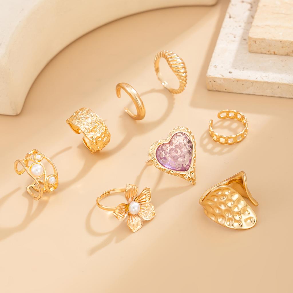 Salircon 8 Pcs/Set Exquisite Luxury Imitation Pearl Open Rings for Women Pink Acrylic Rhinestone Heart Ring Couple Jewelry Gift