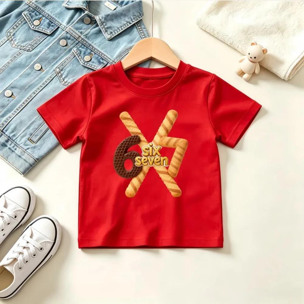Kids Black Short Sleeve T Shirt Cookie Wafer Shaped Number 67 Six Seven Letter Print Crew Neck Boys Girls Casual Summer Tee