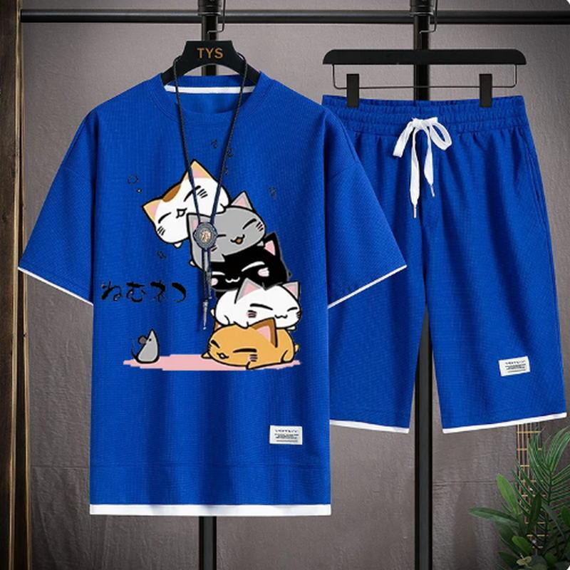 2024 Мужской летний вафельный комплект, брендовая мода, повседневный комплект из футболки и шорт, мужской спортивный комплект, свободный, удобный, комплект из двух предметов