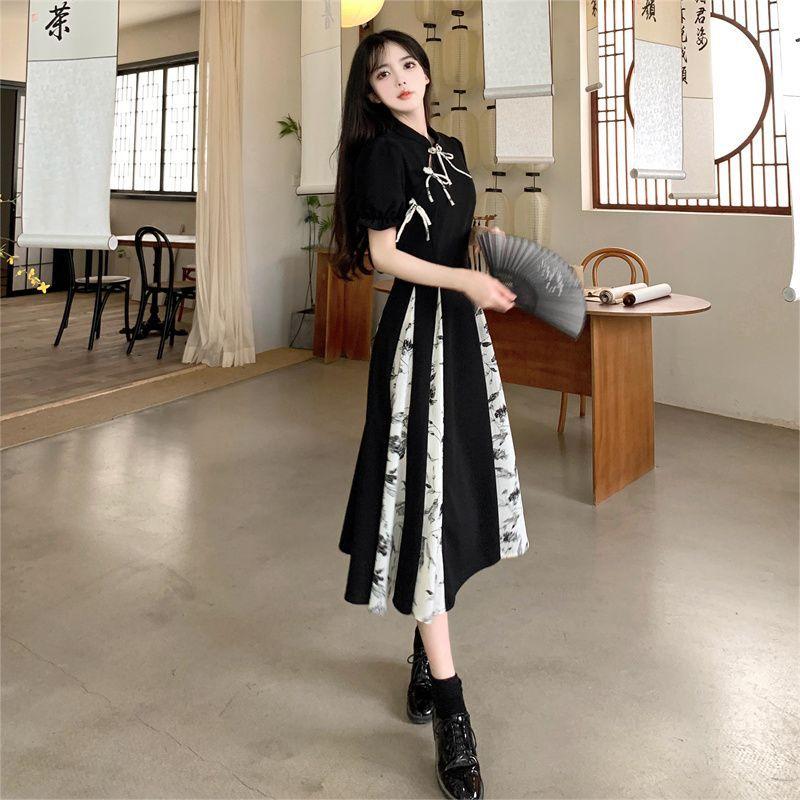 Платье Cheongsam в китайском стиле с принтом в стиле ретро, тонкое платье с лоскутной талией