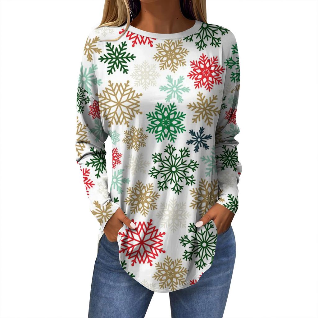 Женская модная повседневная футболка с круглым вырезом и длинным рукавом с рождественским принтом