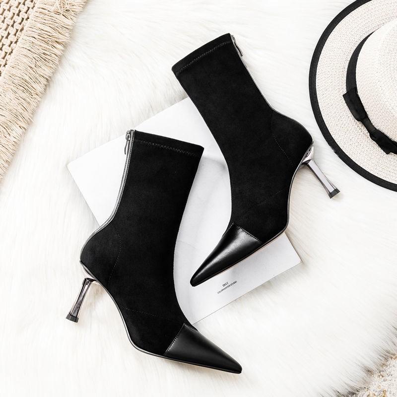 Женские осенние и зимние сапоги-носки на высоком каблуке с острым носком, новинка 2023, эластичные узкие ботинки до середины икры, короткие женские сапоги
