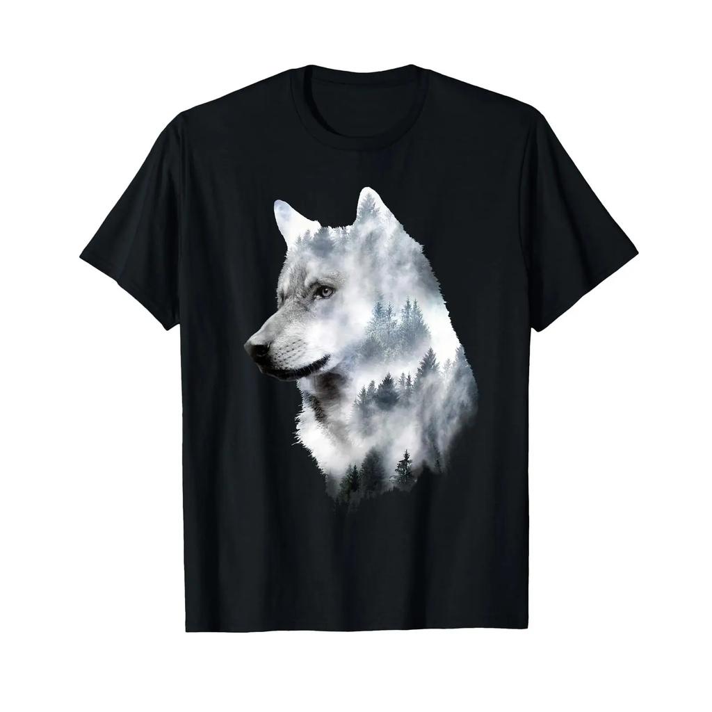 Wolf Double Exposure Surreal Animal Arches S T Shirt Black Vintage Washed Homme Streetwear Top For Everyday Wear Slightly
