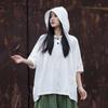 Johnature Women Vintage Ramie Hooded Top Half Sleeve Solid Color Tees Summer Loose Pockets Button Women T-shirts
