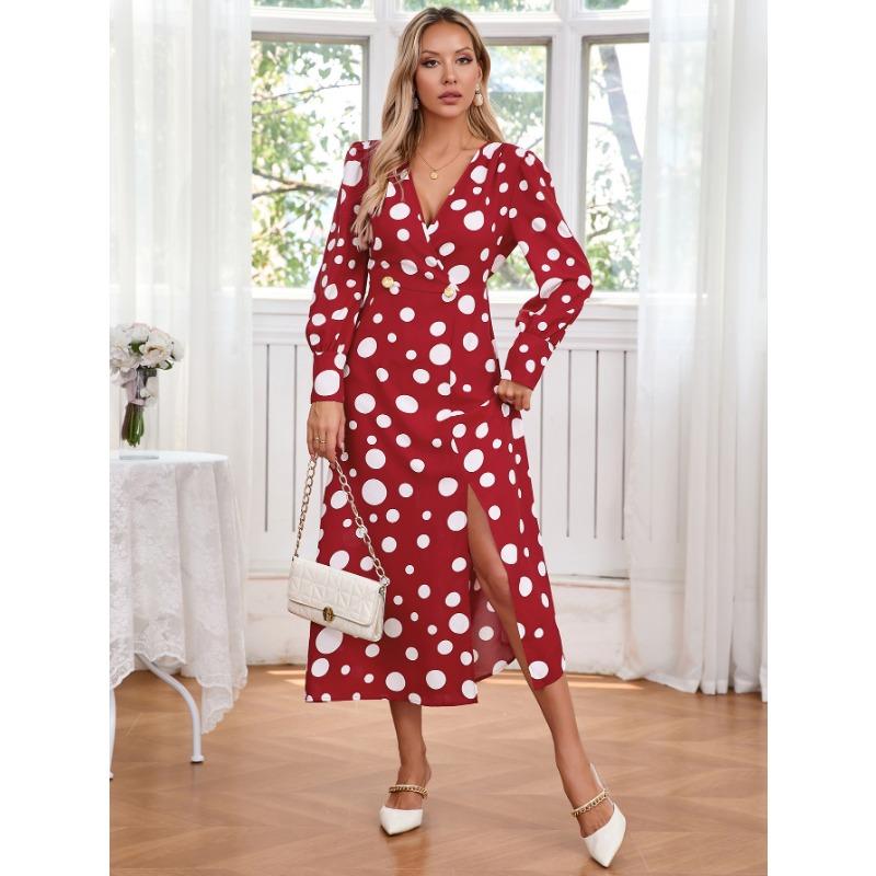 Autumn Dress New Women's New Sexy Long Sleeve Spotted Print V-neck Dress Dress