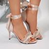 Модные кружевные декоративные черные босоножки на высоком каблуке женские 2025 летние босоножки на тонком каблуке с открытым носком женские модные с ремешком на щиколотке туфли для вечеринки