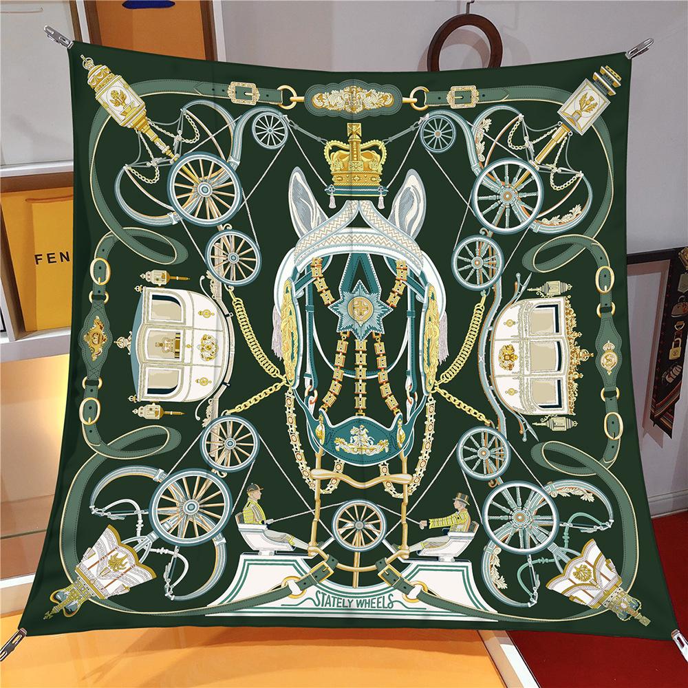 90СМ Шелковый Платок Женский Принт Лошадиной Кареты Квадратные Шарфы Головной Эшарпы Шелковые Фуляры Женские Накидки Пляжная Шаль Бандана Леди Хиджаб