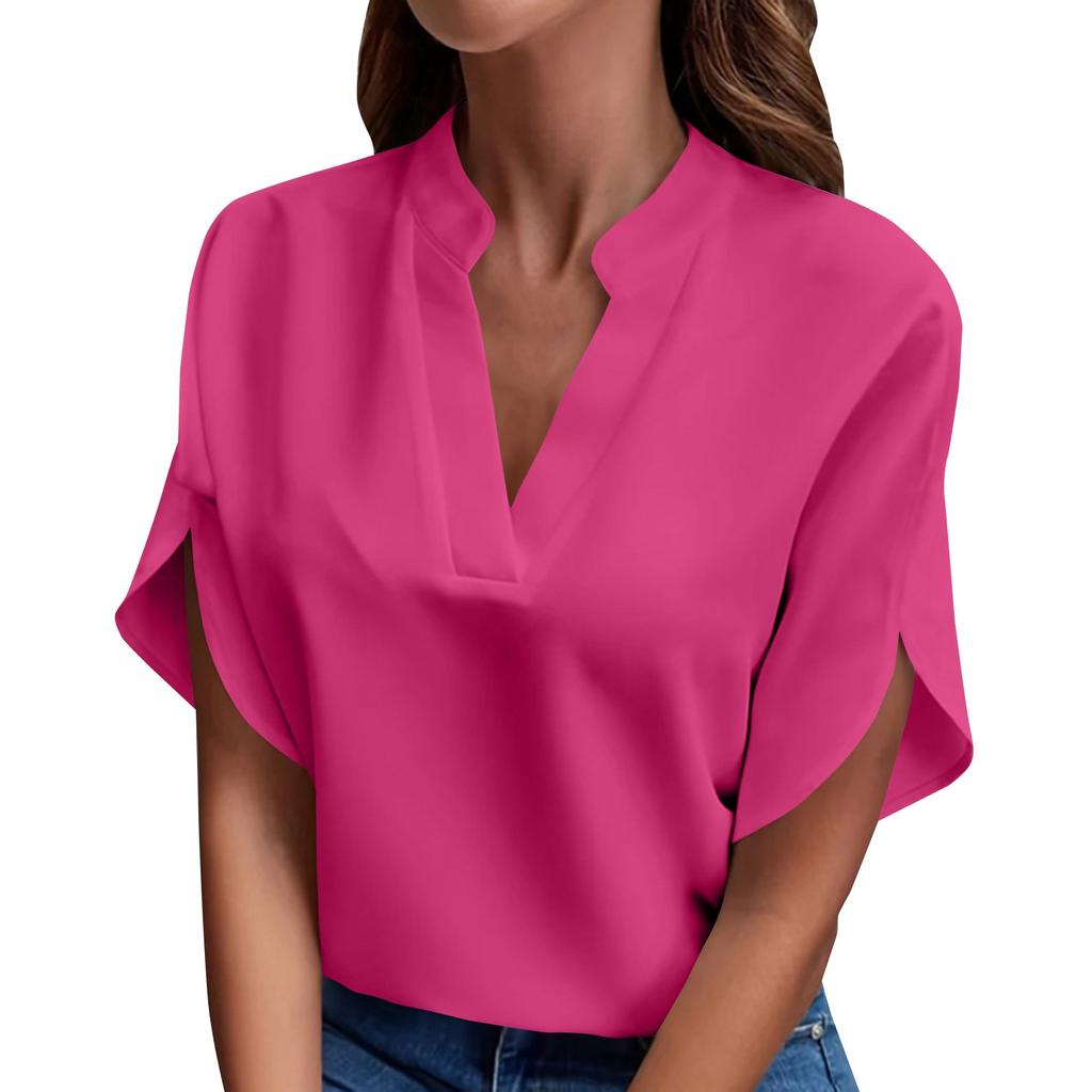 Spring And Summer V-neck Solid Color Casual Versatile Short-sleeved Pullover Shirt