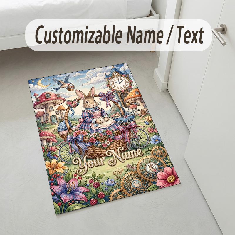 Easter Bunny Theme Crystal Velvet Rug Personalized Custom Name Text Soft Floor Mat Home Decor