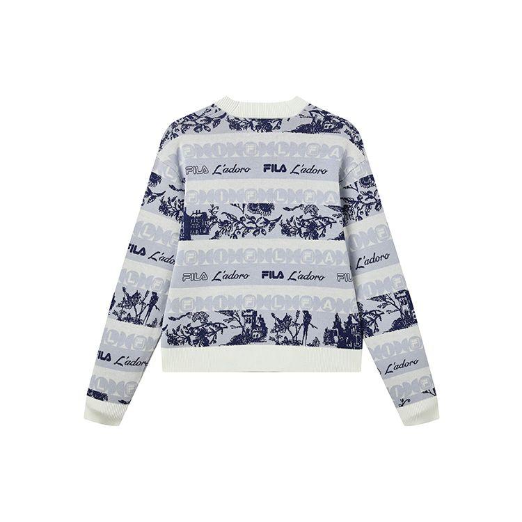 Fila Color Block Printed V-Neck Single-Breasted Long Sleeve Knit Top Women Tops Gray F11W238404F-ZA