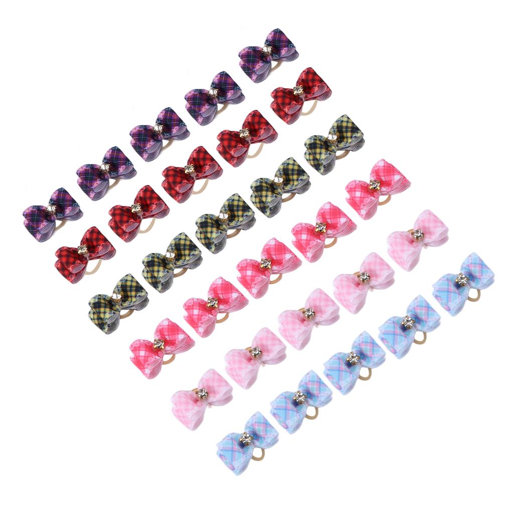 30Pcs Pet Grooming Bowknot Dog Cat Rubber Band Tiny Colorful Lattice Pet Accessory