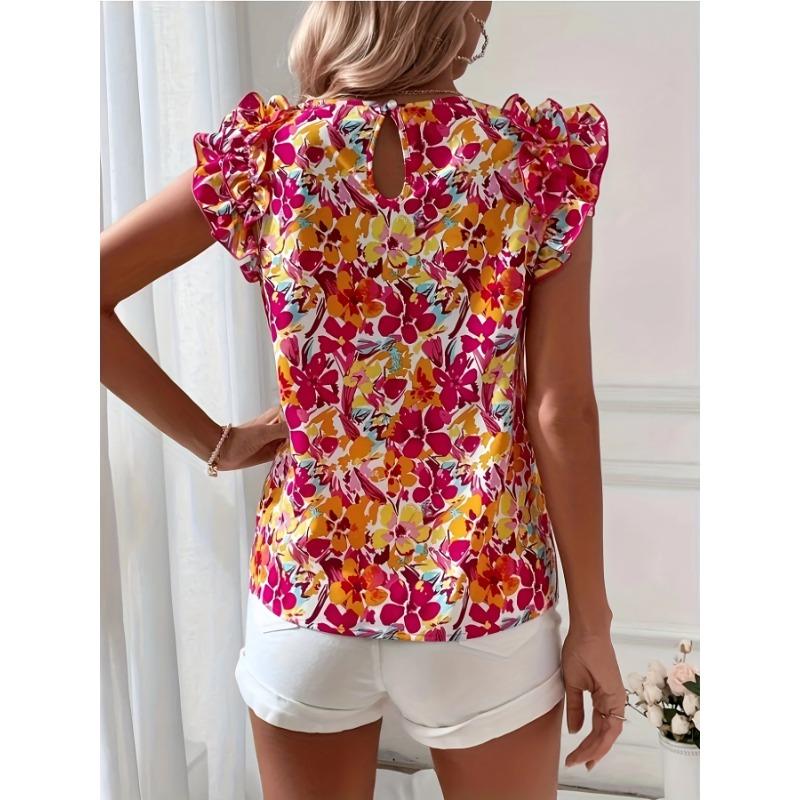 Летняя тонкая футболка с цветочным принтом и воланами, женские повседневные милые топы без рукавов, женские модные шикарные свободные пляжные футболки с круглым вырезом Y2k