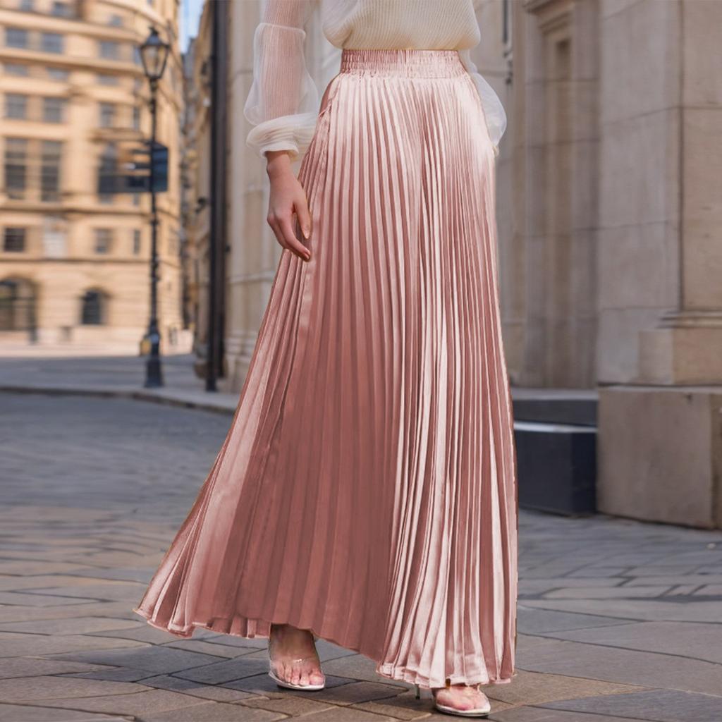 Women's Casual Pleated Solid Color Half Skirt, Pleated A-line Skirt, Large Swing Floor-length Skirt