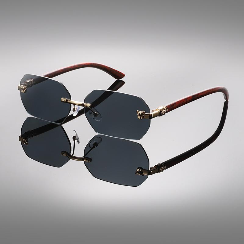 Модные безободковые солнцезащитные очки с обрезанными краями Женские высококлассные ретро очки Мужские дужки под дерево Голова леопарда Солнцезащитные очки